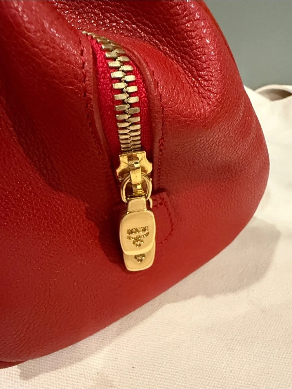 MCM Red Leather Satchel with Gold Hardware